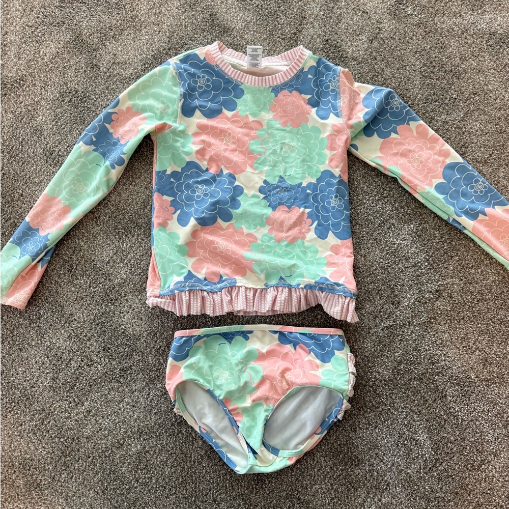 Ruffle Butts Floral Kids Rashguard Set - Blue, Pink, Green
